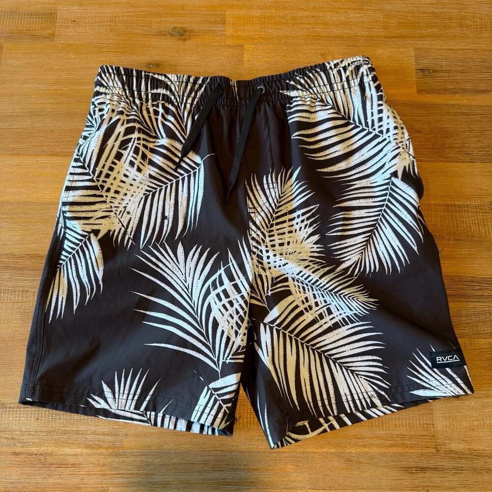 RVCA Palm Leaf Print Drawstring Swim Shorts Black White. Boys 14/16
